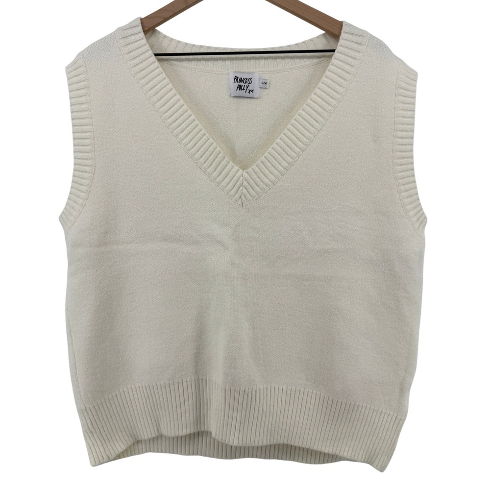 Princess Polly Sleeveless V-Neck Sweater Vest Cream Ivory Women S/M Preppy Y2K